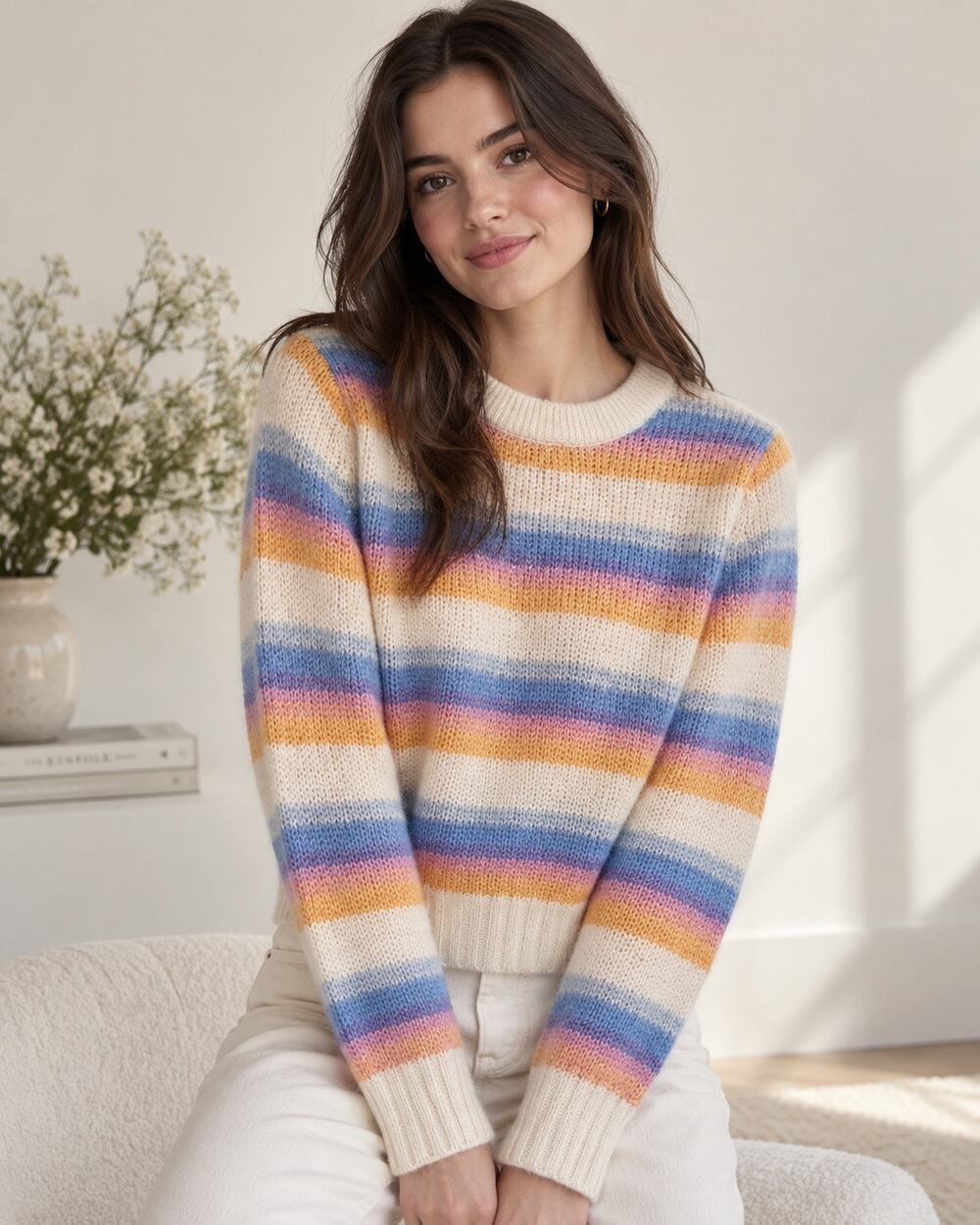 White + Warren 100% Cashmere Striped Crewneck Sweater Pastel Quiet Luxury Knit S